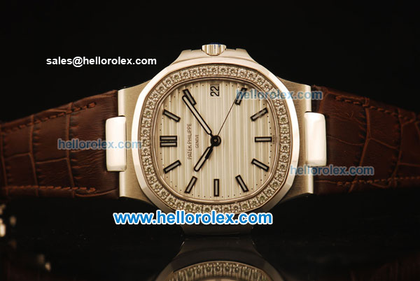 Patek Philippe Nautilus Swiss ETA 2824 Automatic Steel Case with Diamond Bezel and White Dial-Brown Leather Strap 1:1 Original - Click Image to Close